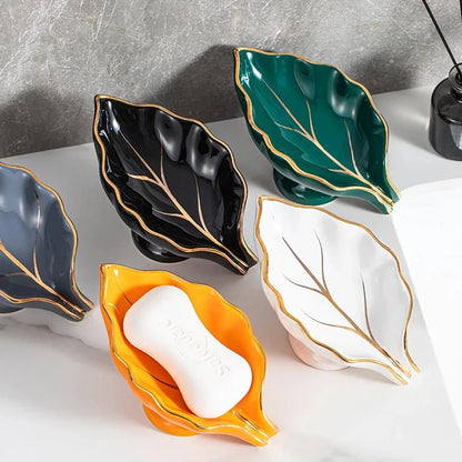 Elegant ceramic leaf-shaped soap dish with a heart design, perfect for adding a touch of nature-inspired luxury to your bathroom decor
