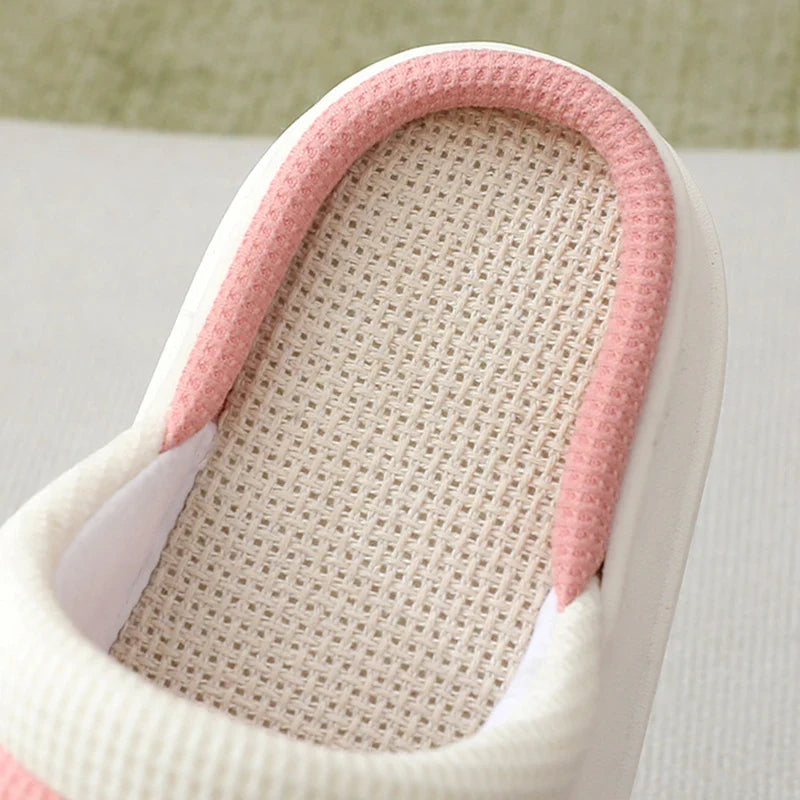 Cozy cartoon bear design linen slippers with non-slip, breathable sole for comfortable indoor wear