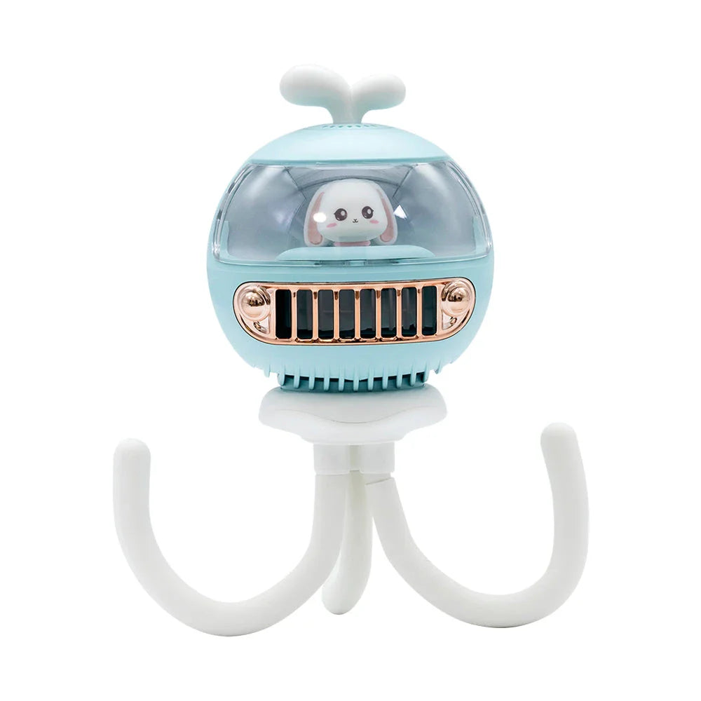 Cartoon Safety Bladeless Stroller Fan with adorable doll night light feature for keeping babies cool and comfortable