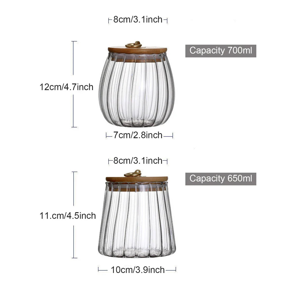 Elegant glass canisters with flower-shaped metal handles and airtight bamboo lids for stylish kitchen storage