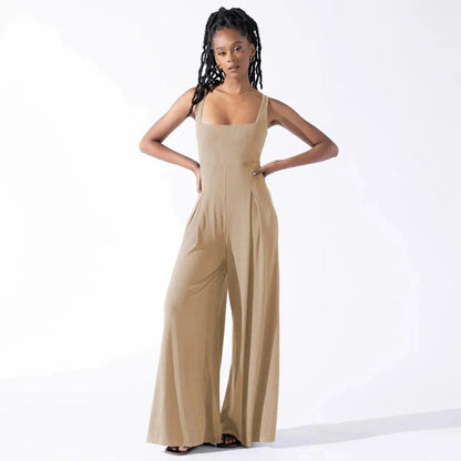 Chic sleeveless jumpsuit with wide-leg pants, made with Rayon and Spandex for comfort and breathability.