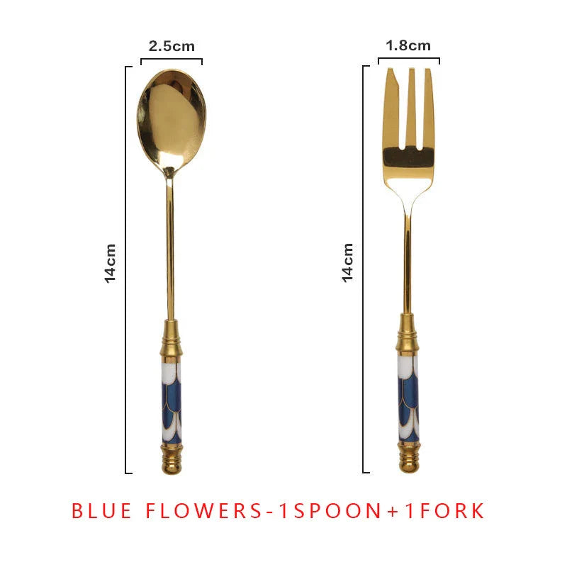 Elegant vintage gold and ceramic coffee, dessert fork and spoon set with hand-painted classical designs