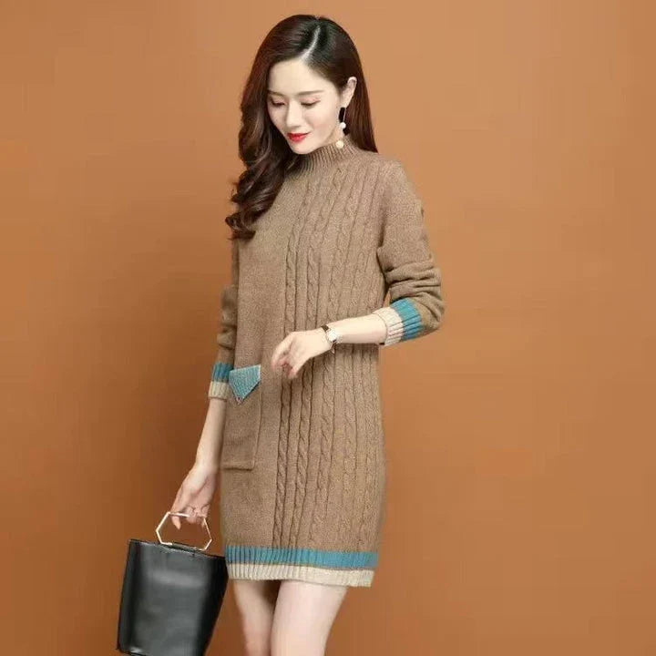 A mid-length knit dress with a cozy half-turtleneck, made of soft polyester fabric for all-day comfort and style.