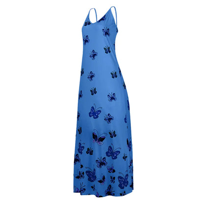 Stylish butterfly print high-waist dress with flowy, swing-style skirt and lightweight, breathable polyester fabric