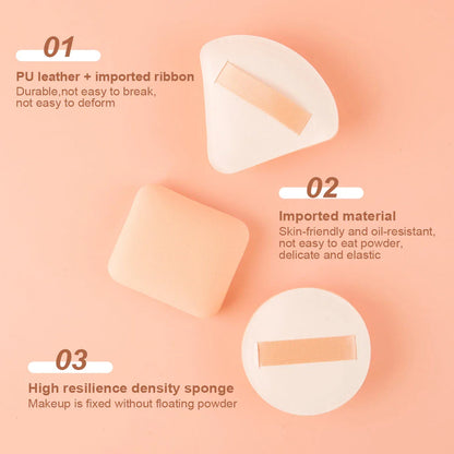 A set of three makeup sponges in round, rectangle, and triangle shapes for precise, flawless makeup application