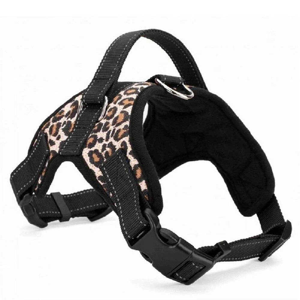 Durable nylon dog harness in camouflage pattern with adjustable straps for a custom fit