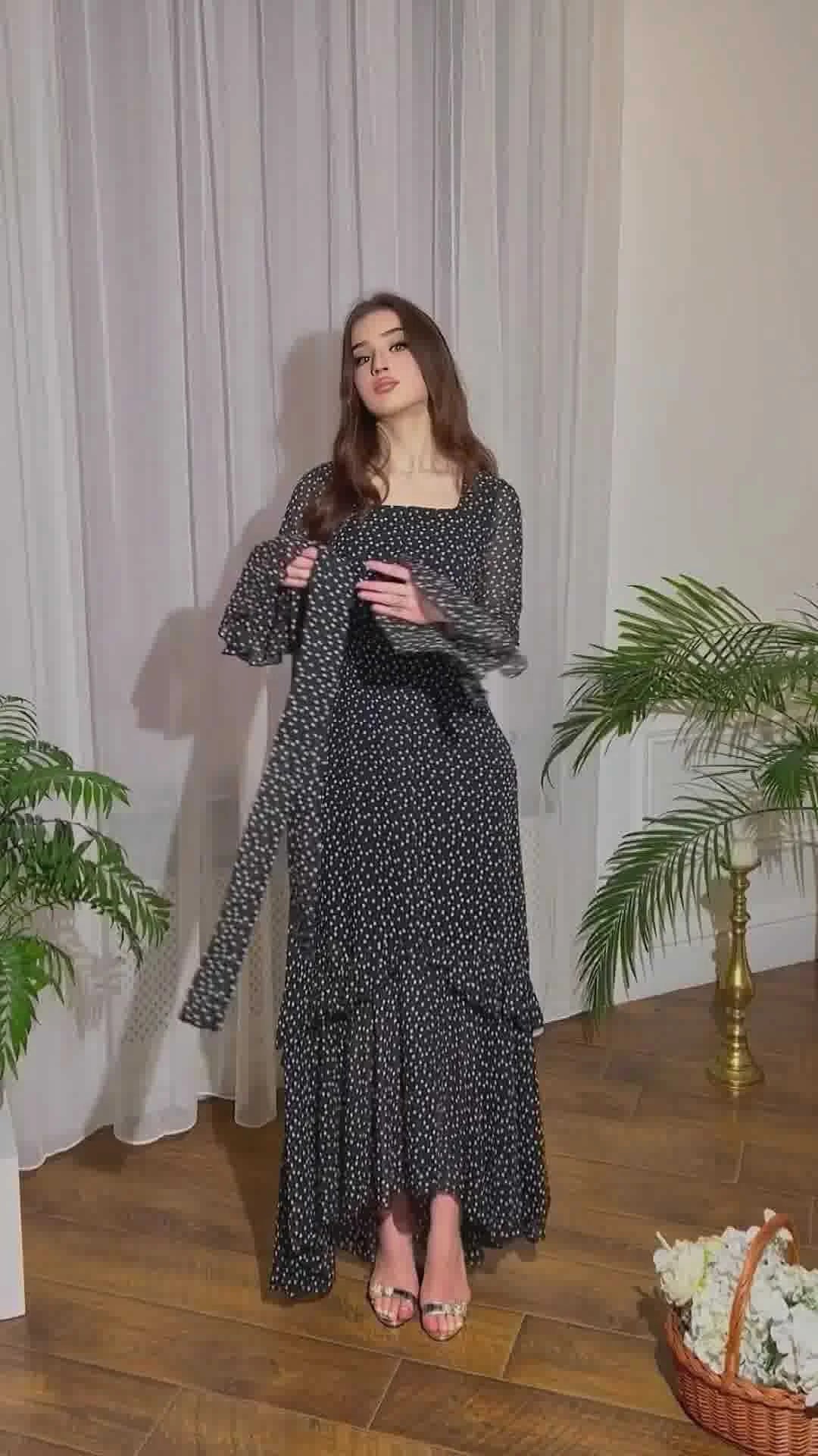 Elegant chiffon polka dot dress with flattering lotus leaf sleeves