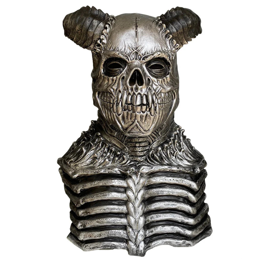 A terrifying Halloween mask made of latex, featuring a skull design with horns to create a dark, demonic appearance.