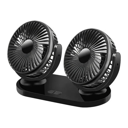 Dual-head 12/24V car fan with adjustable 3-speed settings and USB power for cooling in any vehicle
