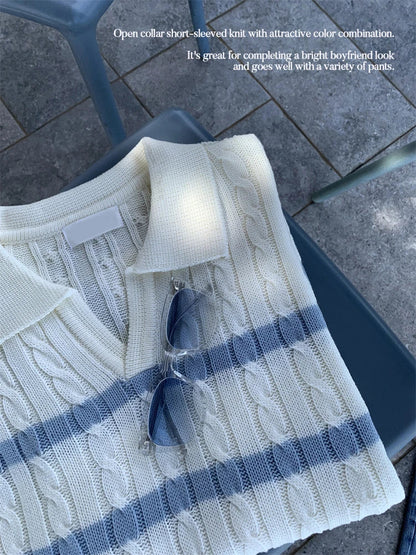 Elegant Y-shaped lapel striped sweater in ivory color with relaxed fit and vertical stripe pattern