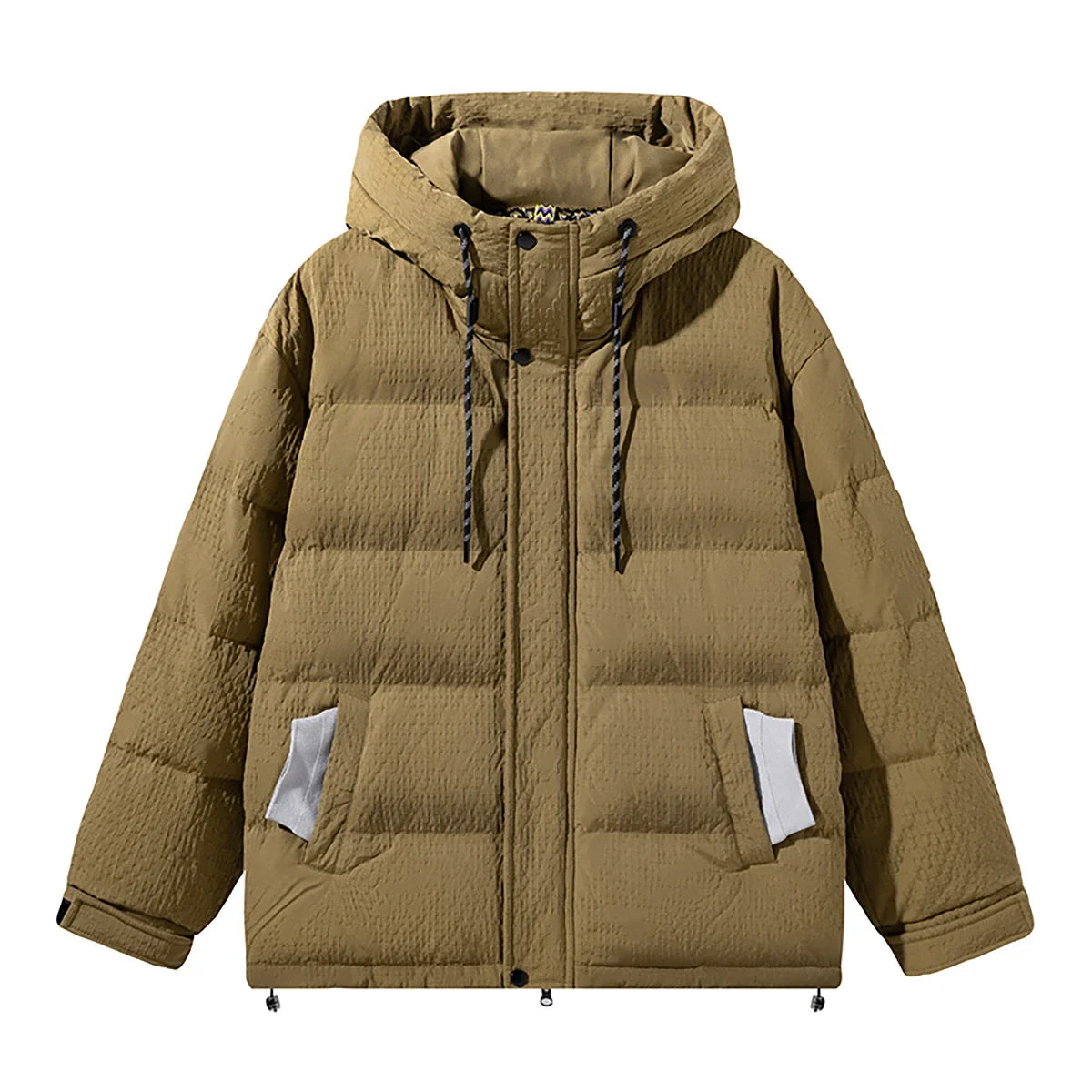 Premium youth insulated windbreaker jacket in black, beige, and brown colors with 90% white duck down insulation for warmth and wind protection