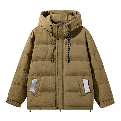 Premium youth insulated windbreaker jacket in black, beige, and brown colors with 90% white duck down insulation for warmth and wind protection