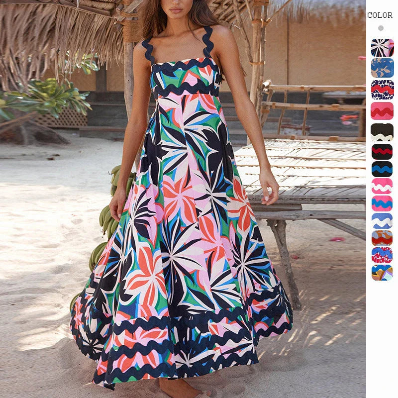 Floral Print Wavy Dress for Women - Stylish A-Line Beach Fashion with Vibrant Floral Pattern