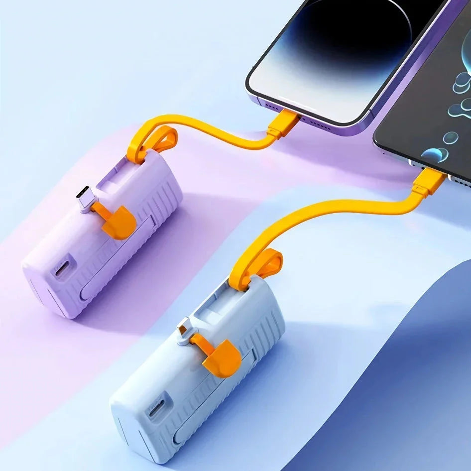 A compact, dual-port 30,000mAh power bank with built-in charging cables and fast charging capabilities.