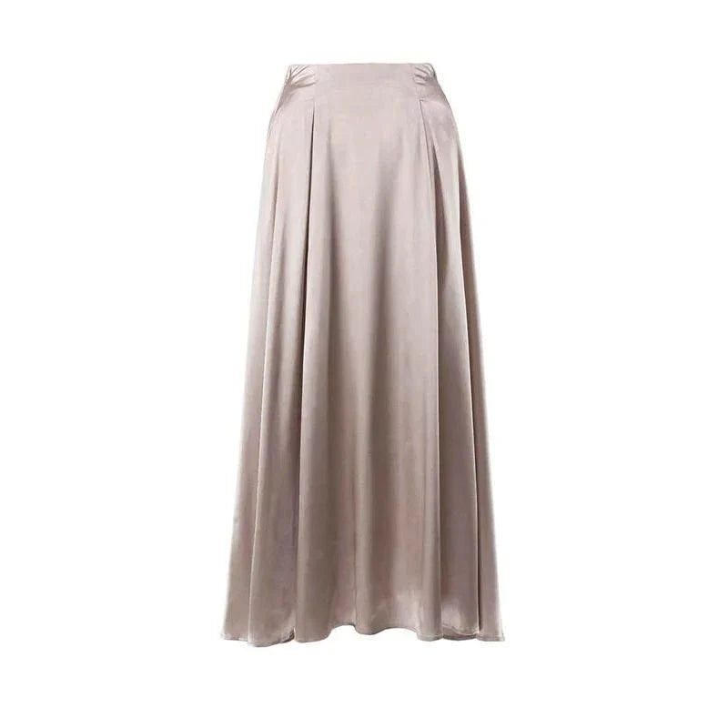 Elegant high-waisted satin maxi skirt in black for women, showcasing a flowing, sophisticated silhouette.