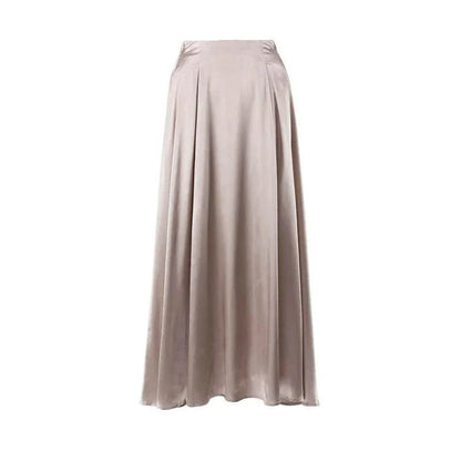 Elegant high-waisted satin maxi skirt in black for women, showcasing a flowing, sophisticated silhouette.
