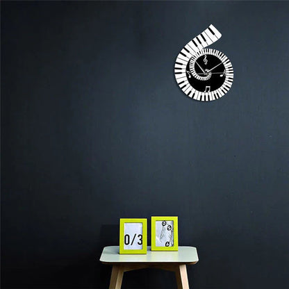 Wall clock with Treble Clef, Piano Keyboard, and Musical Notes design in black and white color