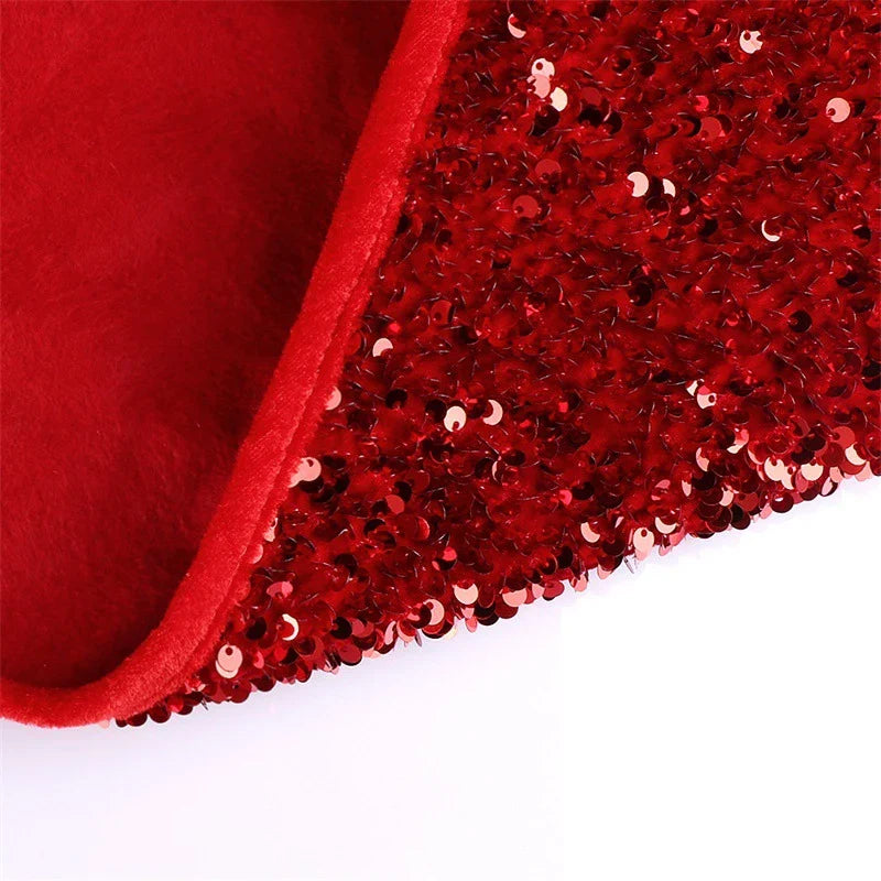 Premium red sequin Christmas tree skirt with vibrant color and shimmering design, perfect for festive holiday decor