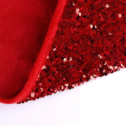 Premium red sequin Christmas tree skirt with vibrant color and shimmering design, perfect for festive holiday decor