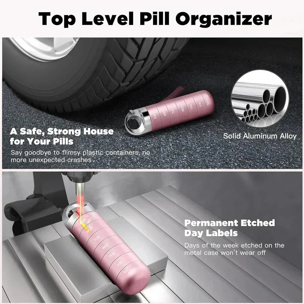 A high-quality, waterproof metal weekly pill box organizer with spacious compartments for managing medications on the go