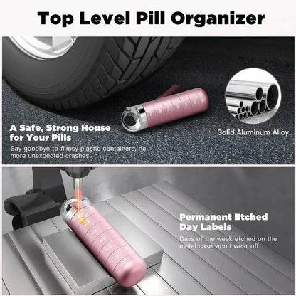 A high-quality, waterproof metal weekly pill box organizer with spacious compartments for managing medications on the go