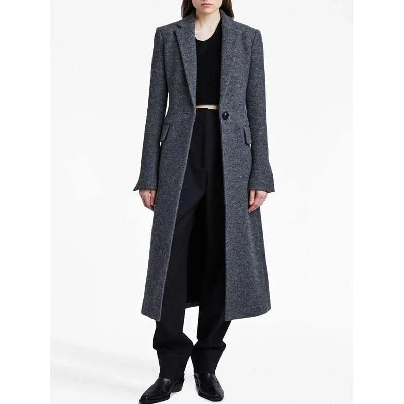 Elegant woolen long coat for women featuring a stylish turn-down collar and single-button closure for a chic, sophisticated look.