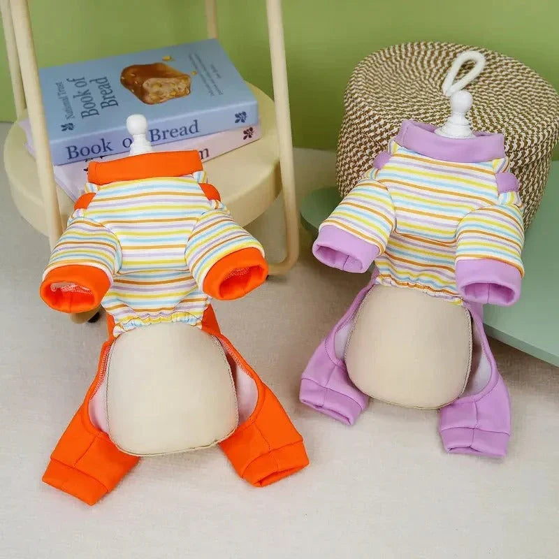 Cozy and stylish striped dog jumpsuit pajamas made of soft, breathable polyester for maximum comfort and warmth