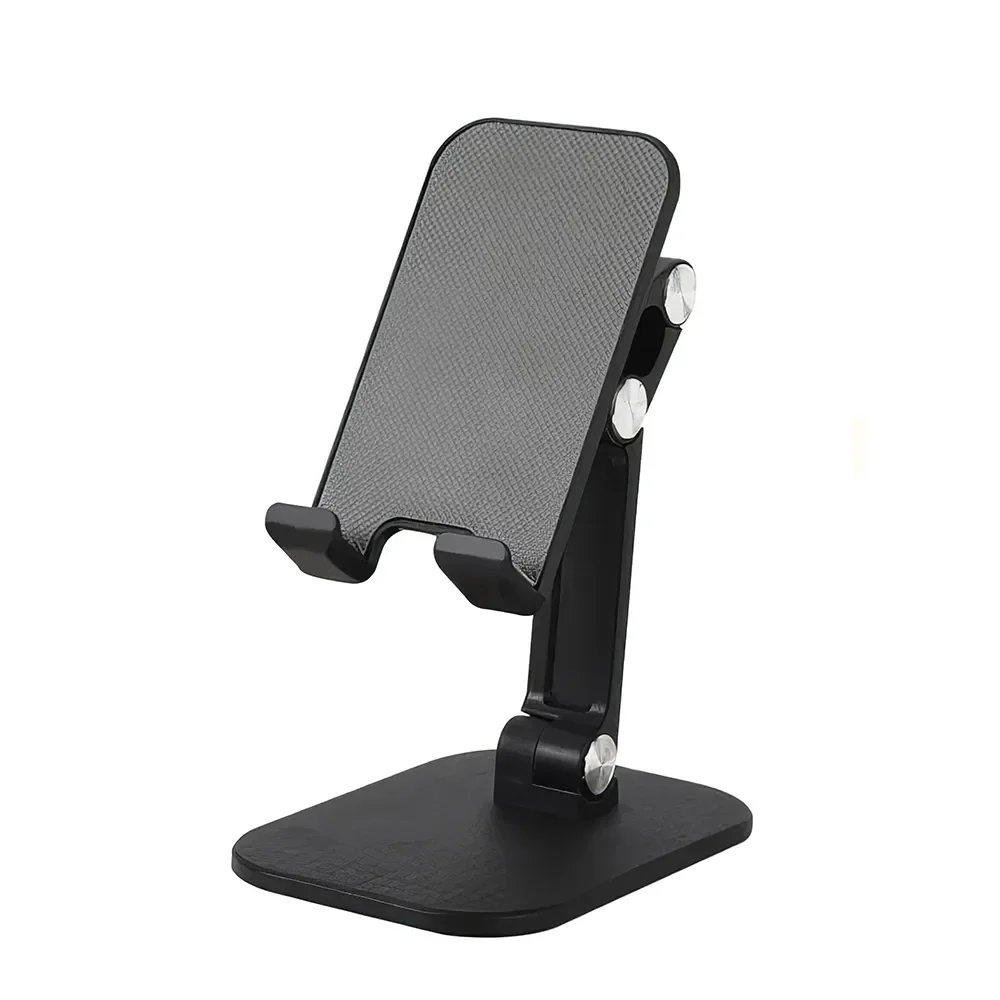 Adjustable and foldable desk phone holder with three-section design, providing hands-free convenience for mobile devices