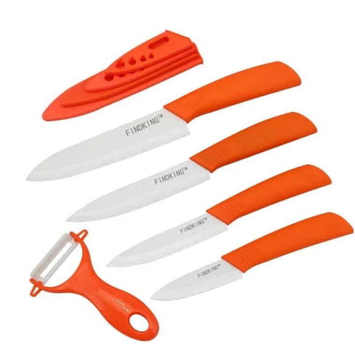 Vibrant ceramic knives in various colors, including red, blue, green, black, yellow, and orange, arranged on a white background.