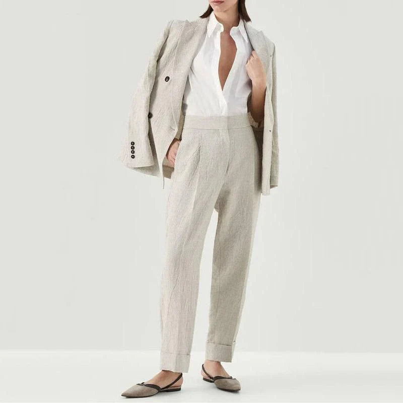 Elegant women's linen suit set with beaded blazer and straight trousers in various sizes