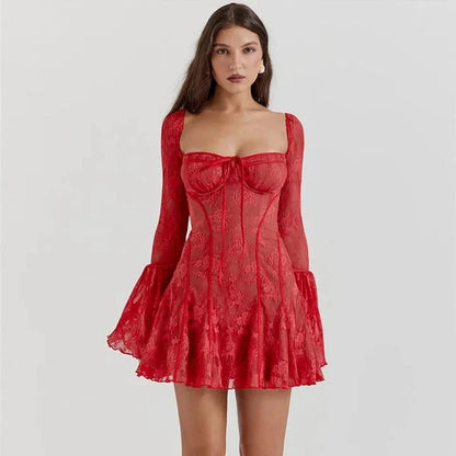 Elegant square collar backless flare sleeve mini dress in black color