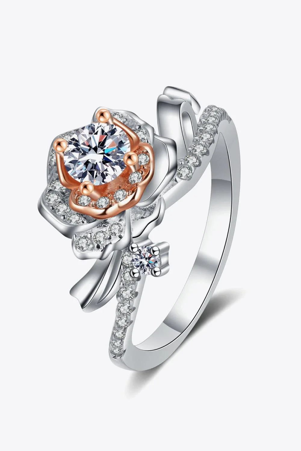 Elegant rose-shaped moissanite ring in sterling silver with a sparkling center stone and zircon accents