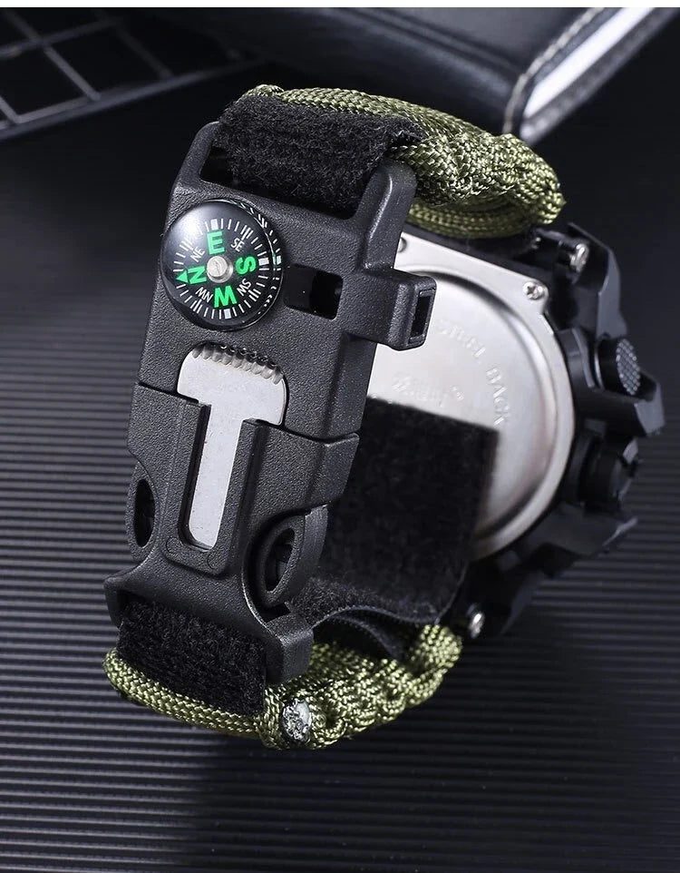 Outdoor survival watch with compass, parachute cord, and water-resistant design for rugged adventures