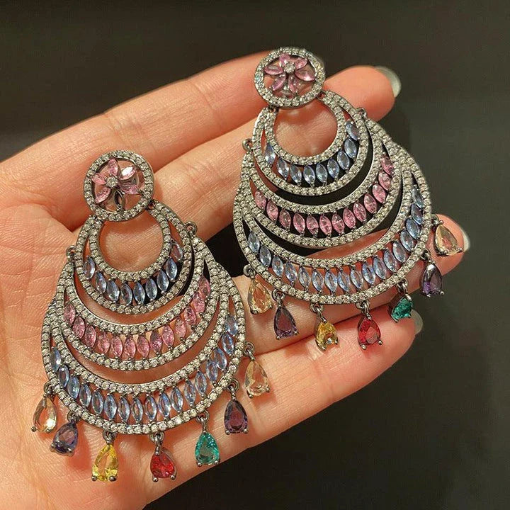 Elegant crescent-shaped water drop tassel earrings with vibrant artificial gems and semi-precious stones
