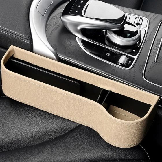 Multifunctional Car Seat Organizer with dedicated slots for phones, chargers, drinks, and cards, featuring a stylish polyurethane leather design.