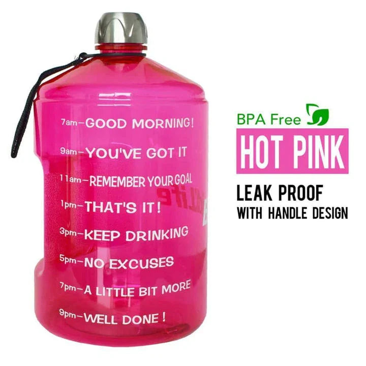 Durable gallon-sized water bottle with clear time markings for easy hydration tracking