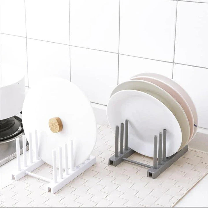 Versatile kitchen plate and lid organizer rack made of durable plastic with adjustable dividers for customizable storage