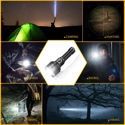 Powerful 6000 lumen tactical LED flashlight with USB-C power bank, long-range illumination, and durable waterproof design