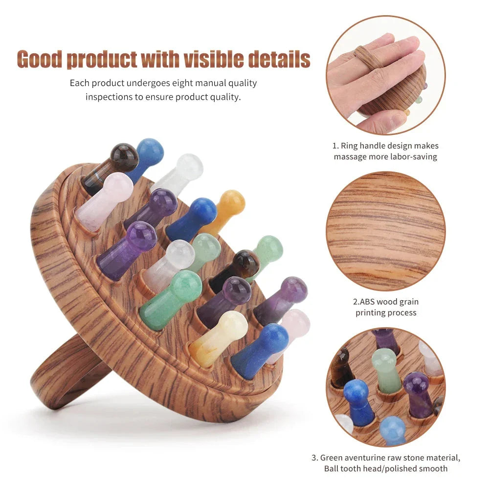 Relaxing Scalp Massage Comb made with Pink Quartz and Green Aventurine stones in a wood grain design