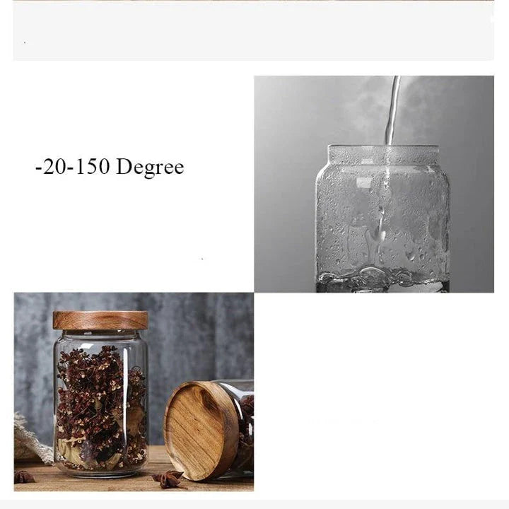 Airtight glass food storage jars with wooden lids in various sizes, perfect for organizing and preserving dry goods, spices, and pantry items in the kitchen.