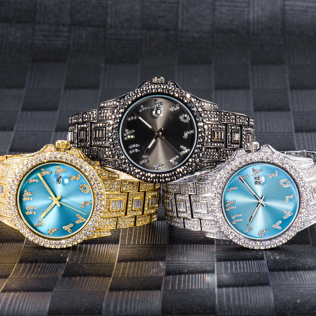 American-designed diamond-encrusted waterproof quartz watch with gold-plated stainless steel construction