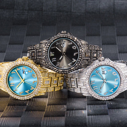 American-designed diamond-encrusted waterproof quartz watch with gold-plated stainless steel construction