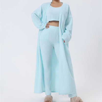 Cozy 3-piece loungewear set in pastel colors including crop top, wide-leg pants, and matching cardigan