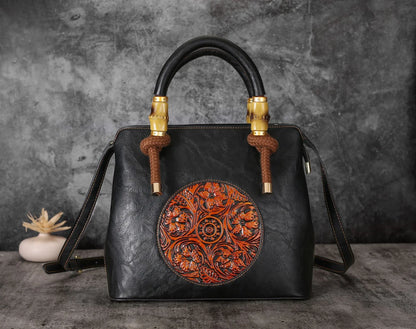 Bamboo shoulder bag with a roomy interior, multiple pockets, and a retro-inspired design for everyday use