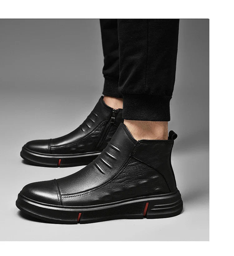 Premium casual leather boots for men in a durable martin boot style with a black color and rubber sole
