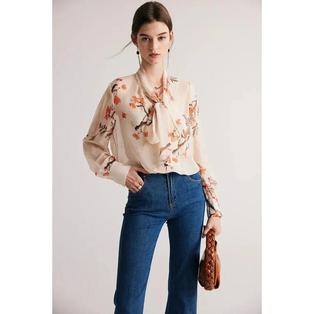 Elegant floral silk blend bow collar blouse with puff sleeves for modern women