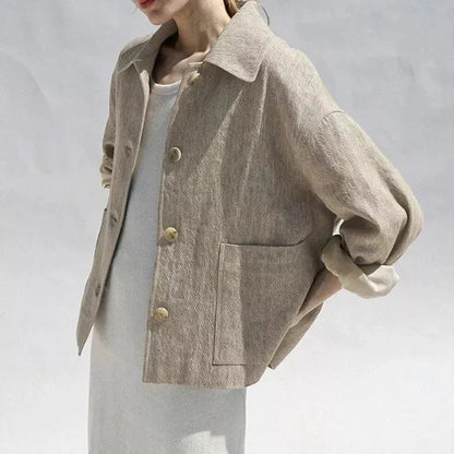 Elegant and comfortable cotton-linen autumn jacket for women with classic lapel collar and versatile design