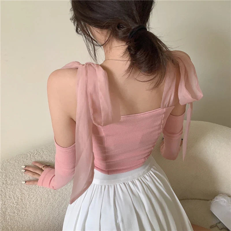 Chic knitted white tank top with bow accent, one size fits all, premium polyester fabric