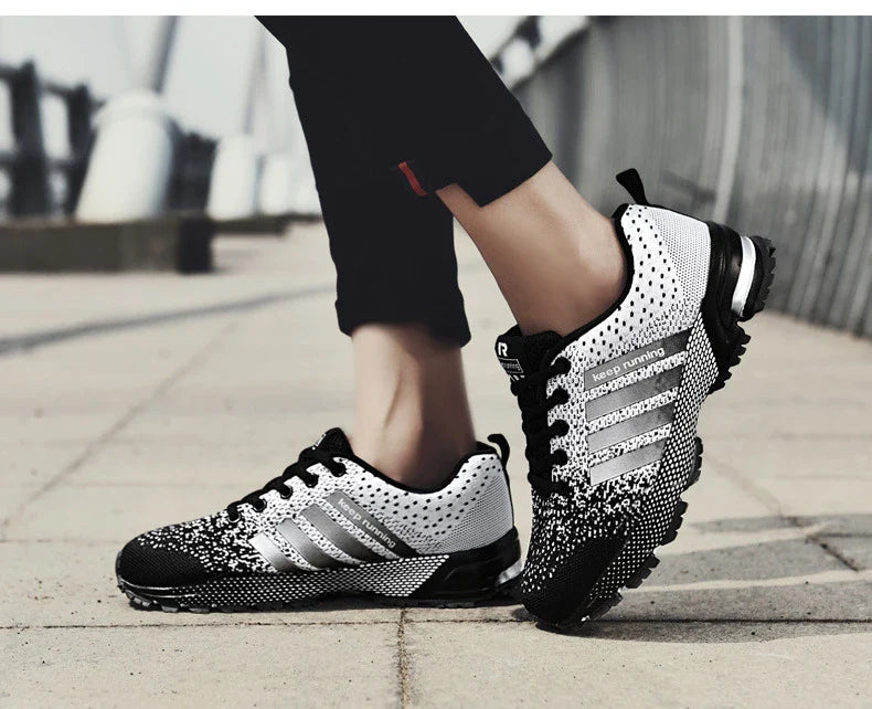 Lightweight and breathable men's running shoes with a mesh upper design for optimal airflow and a durable rubber sole for support and flexibility.