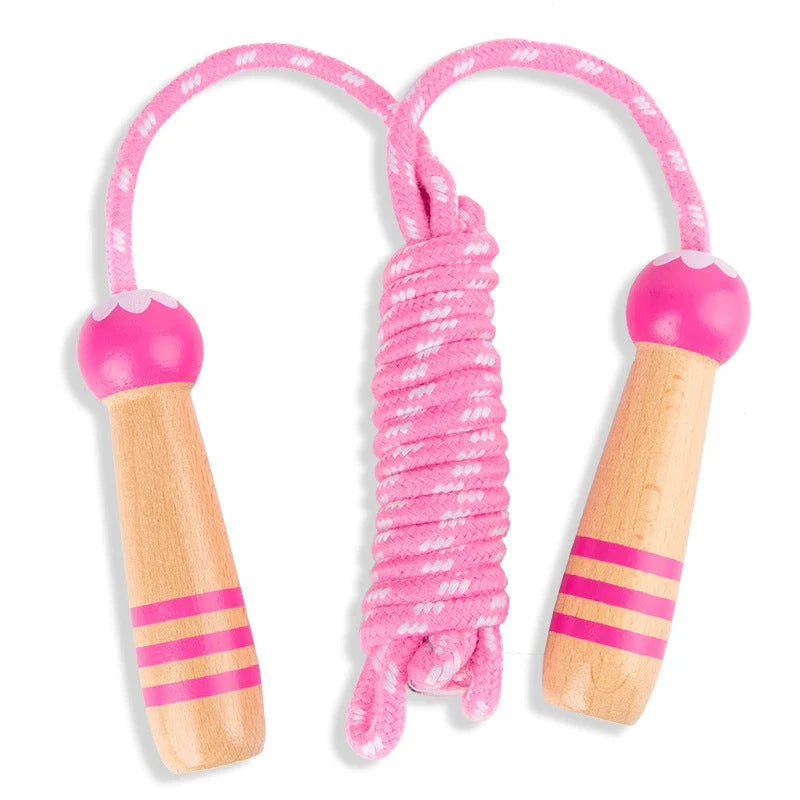 Adjustable Wooden Skipping Rope with Cartoon Characters for Kids in Blue, Green, and Pink Colors